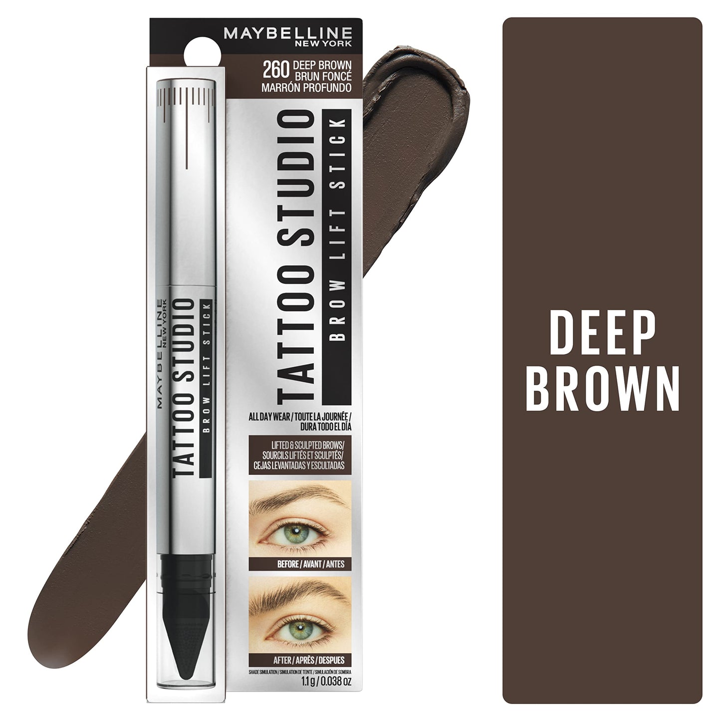 MAYBELLINE TATTOO STUDIO BROW LIFT STICK #260 DEEP BROWN