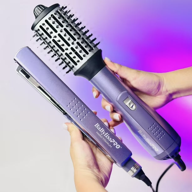 BaBylissPRO Nano Titanium Set de plancha de 1 ¼" y cepillo de aire caliente de 2½" - Pink Beauty